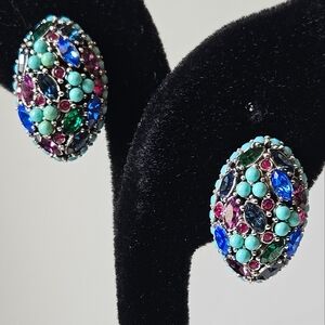 Joan Rivers Signed Oval Mosaic Colorful Rhinestone Vintage Clip on Earrings